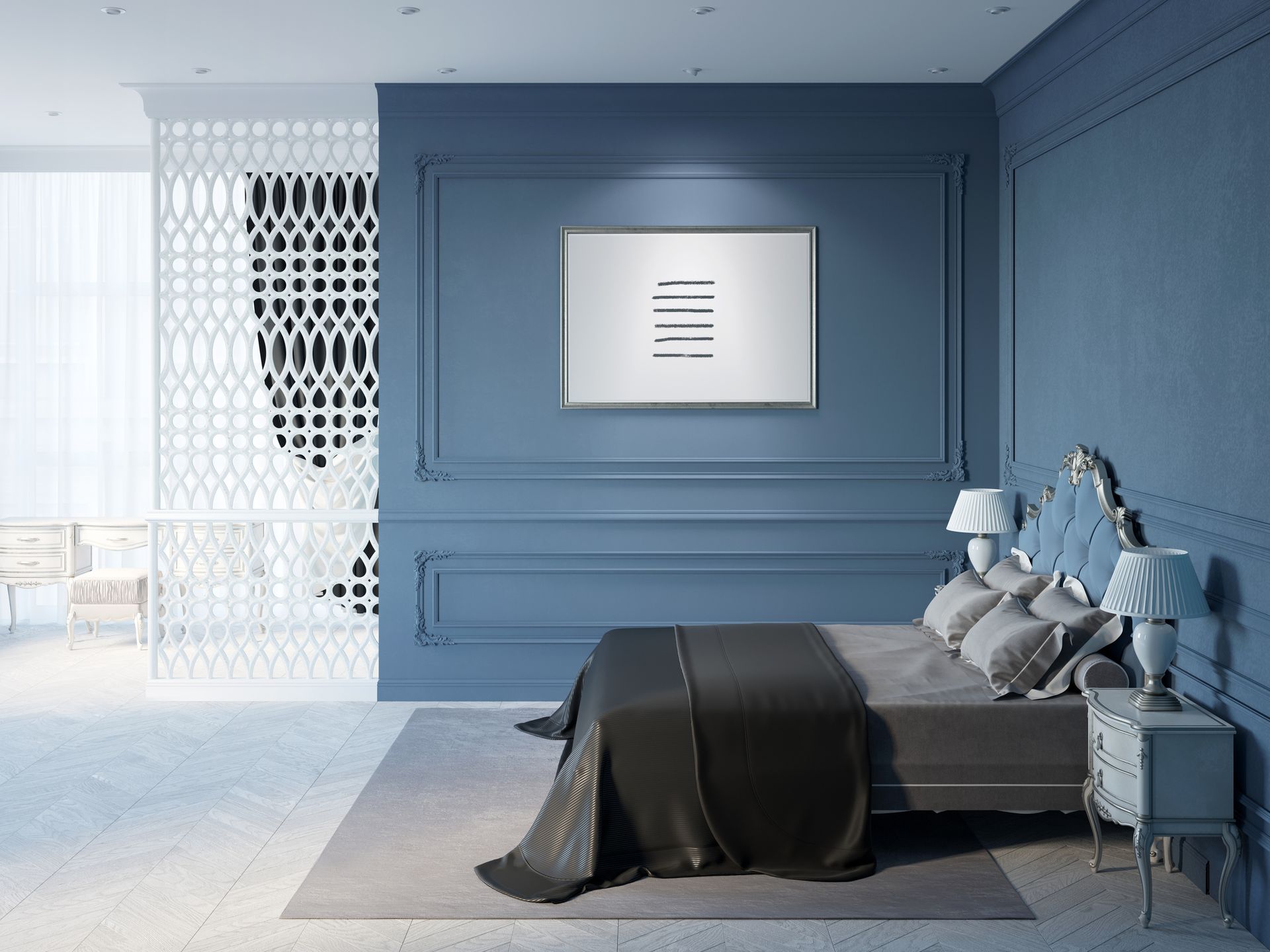 A bedroom with blue walls and a large bed