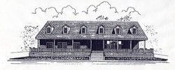 A line drawing of a symmetrical, two-story house with a front porch, a gabled roof, and six dormer windows.
