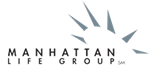Manhattan Life Group logo with stylized white skyline and black text on a gray background