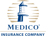 Medico Insurance Company logo with blue ship and text on white background