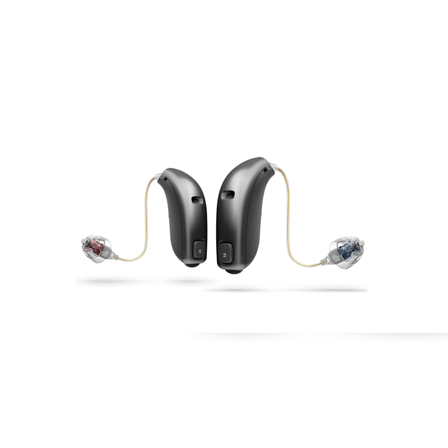 Pair of black hearing aids with clear ear molds, shown on a white background.