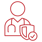 Red doctor icon with stethoscope and shield with checkmark, suggesting healthcare security or verified care