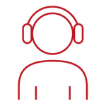 Red outline of a person wearing headphones and a shirt on a white background