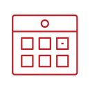 Red outlined calendar icon with six squares and a top circle on a white background