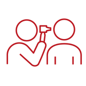 Red line icon of a person measuring another person’s forehead with a thermometer