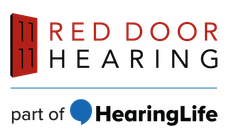 Red Door Hearing logo with red door icon and “part of HearingLife” text