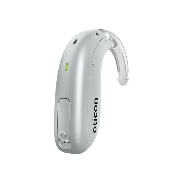 Gray Oticon behind-the-ear hearing aid on a white background