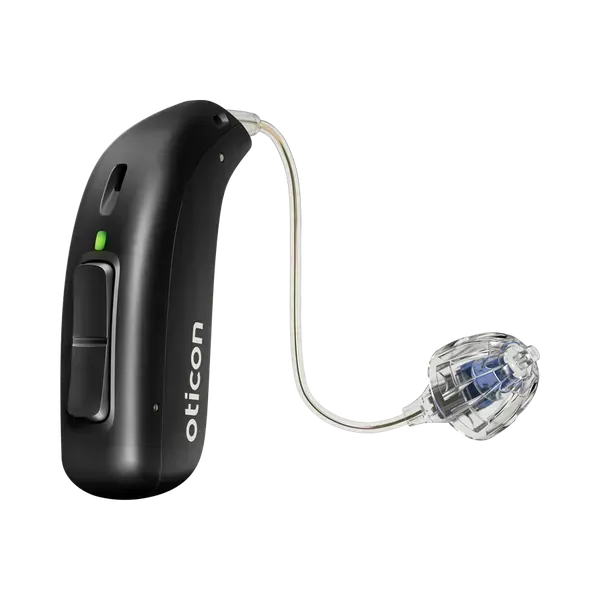 Black Oticon hearing aid with clear earpiece on a white background