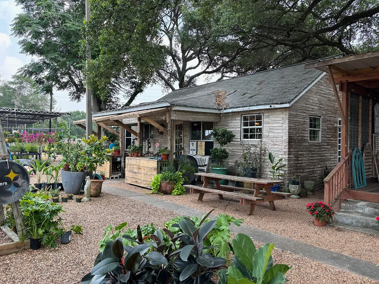 Rustic garden café with potted plants, wooden tables, and a stone cottage under trees