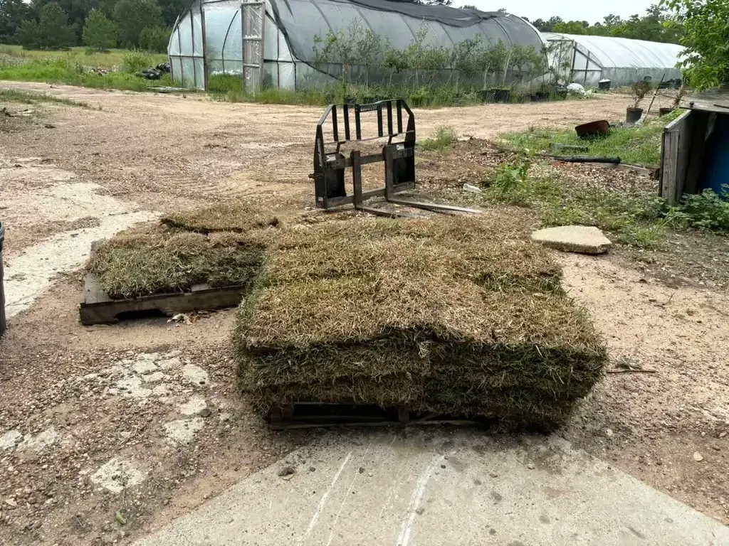 Bales of hay in a farmyard, with a greenhouse and muddy ground in the background