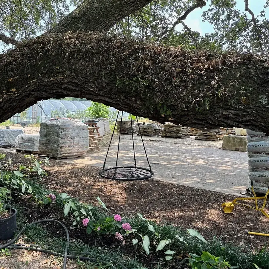 Garden center with plants, soil bags, and a small building under large trees on a cloudy day.