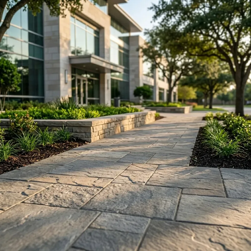 Stone walkway beside a modern office building with trees and landscaped greenery in warm sunlight