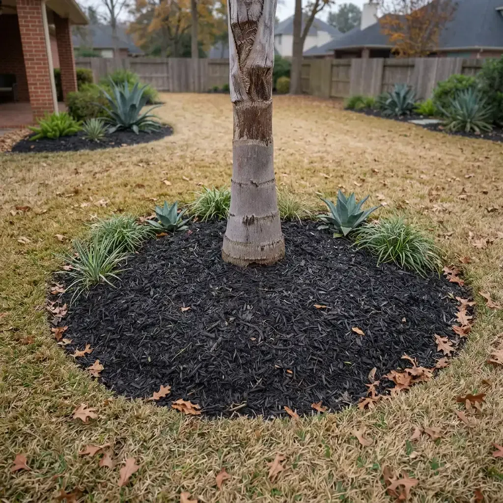 Front yard palm tree surrounded by black mulch in a landscaped garden with a wooden fence.