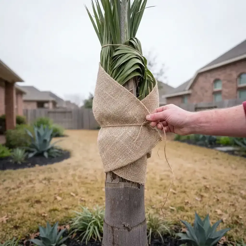 A hand wrapping burlap around a young tree trunk in a suburban yard