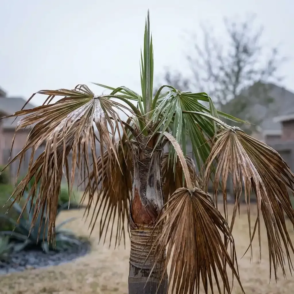 A small palm tree with mostly brown, dried fronds in a suburban yard on a cloudy day