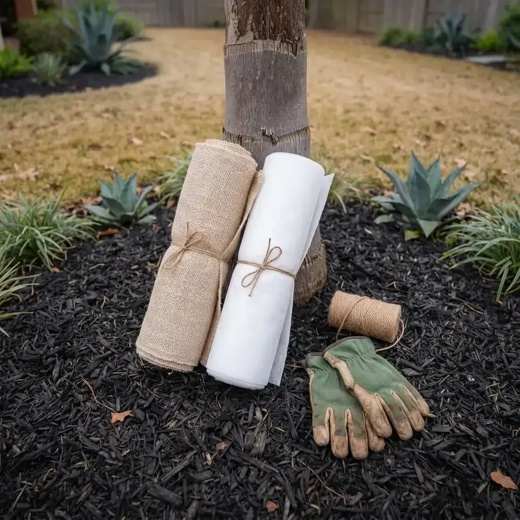 Gardening supplies—gloves, burlap roll, white paper roll, and twine—rest at the base of a tree in a mulched yard.