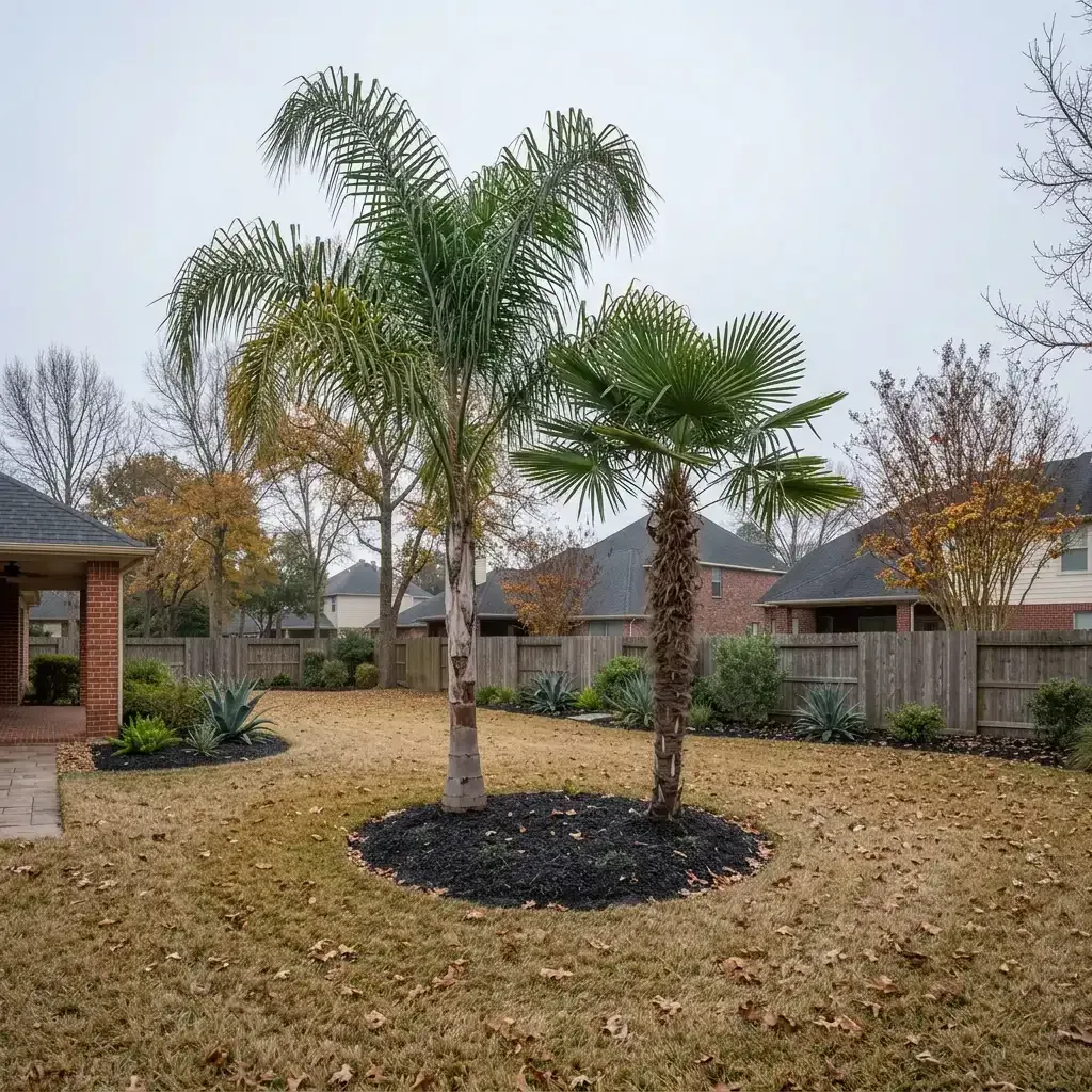 Leaf-covered suburban backyard with two palm trees and a brick house under an overcast sky