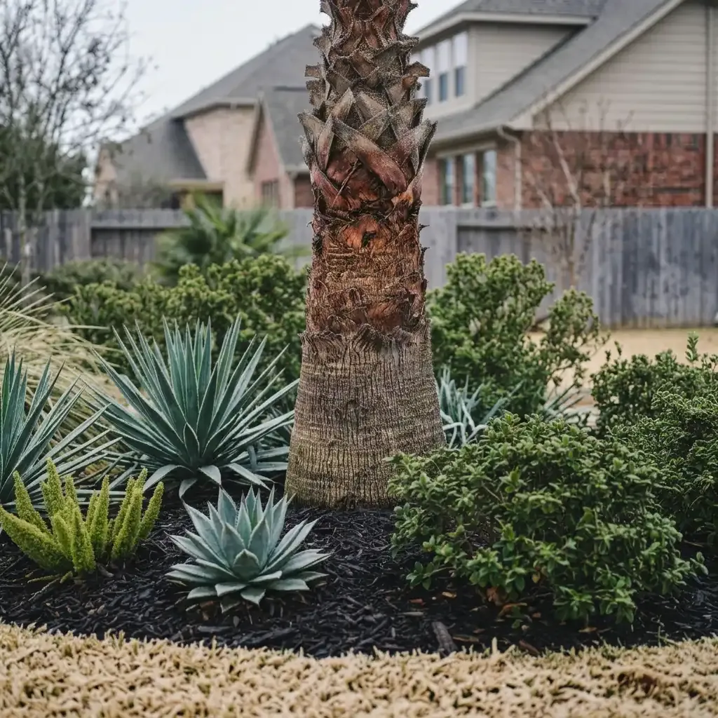 Landscaped front yard with a palm tree, agave plants, shrubs, and black mulch in a suburban neighborhood