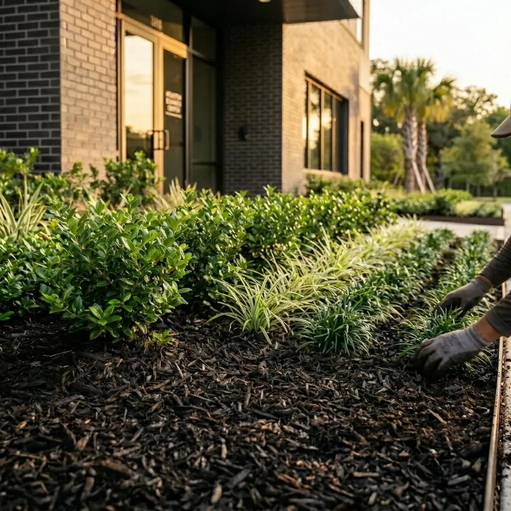 Landscaped garden bed by a brick house, with trimmed shrubs, mulch, and a gardener’s hand using a hose