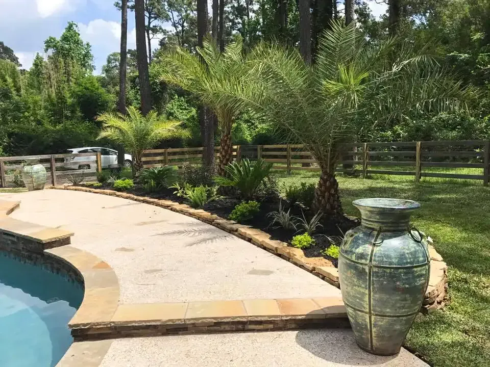 Curved backyard pool deck with palm trees, stone path, and large ceramic planter beside the water