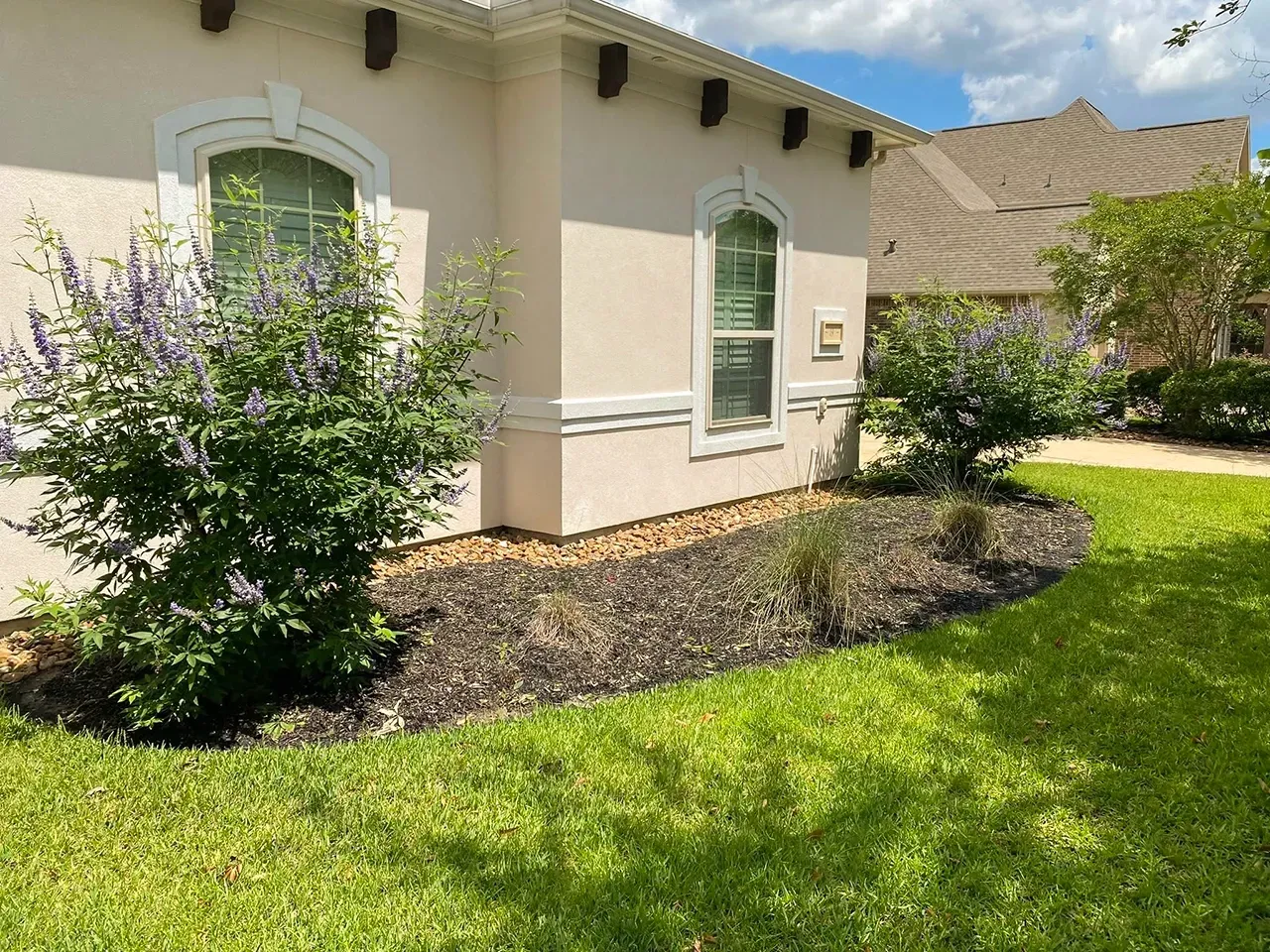 Single-story house with white stucco walls, green window trim, and a landscaped front yard.