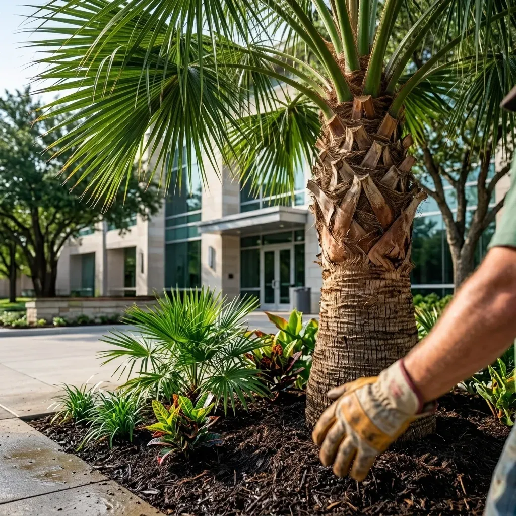 Gloved hand tending a landscaped palm tree bed outside a modern office building