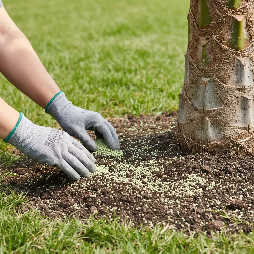 Person wearing gloves spreading fertilizer around a tree trunk on a grassy lawn.