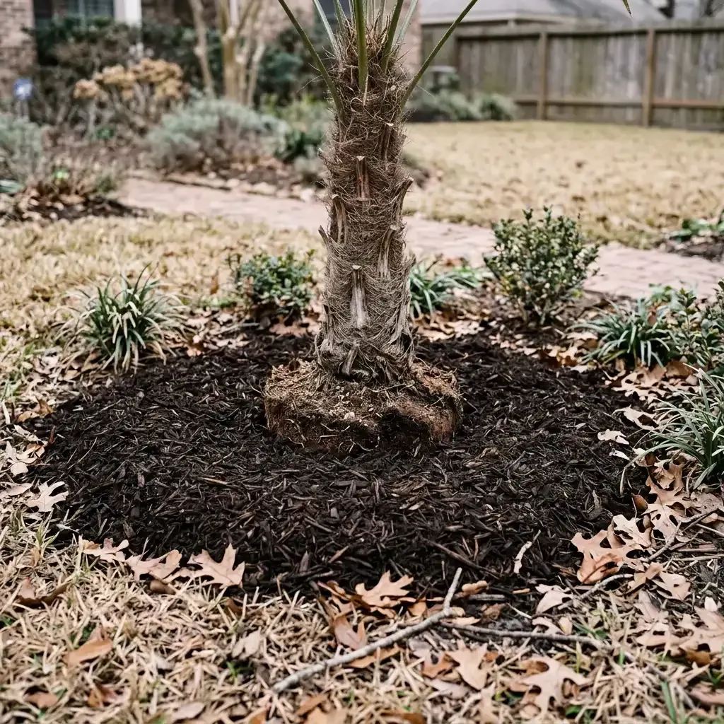 Mulched tree bed with small shrubs and fallen leaves in a backyard garden