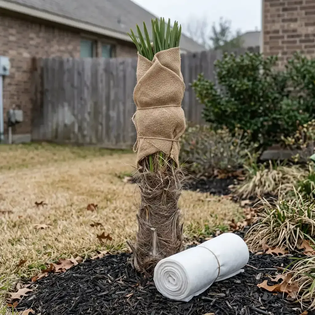 Small wrapped plant trunk in a yard with a rolled white landscape fabric nearby