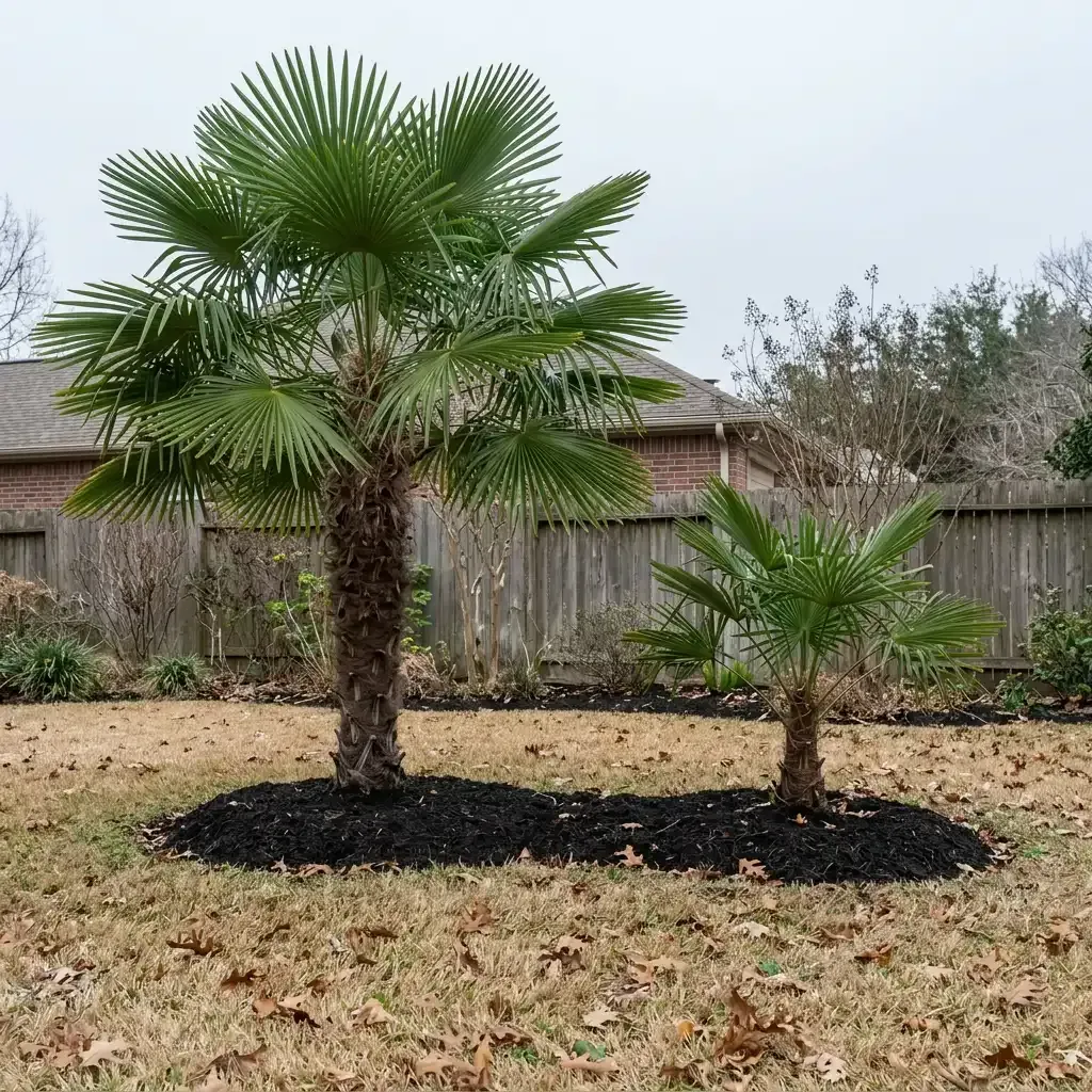 Two palm trees in a mulched yard with a wooden fence and a house in the background