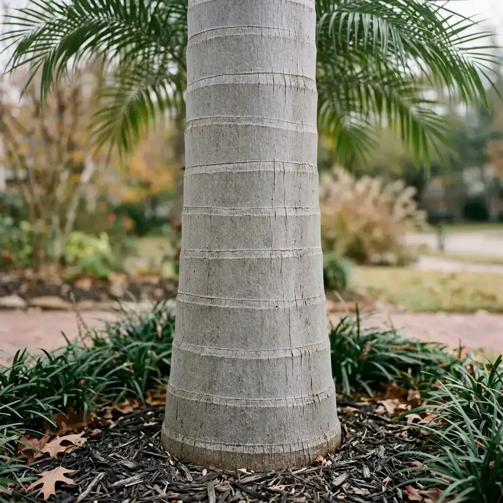 Close-up of a palm tree trunk in a landscaped garden bed with mulch and green plants