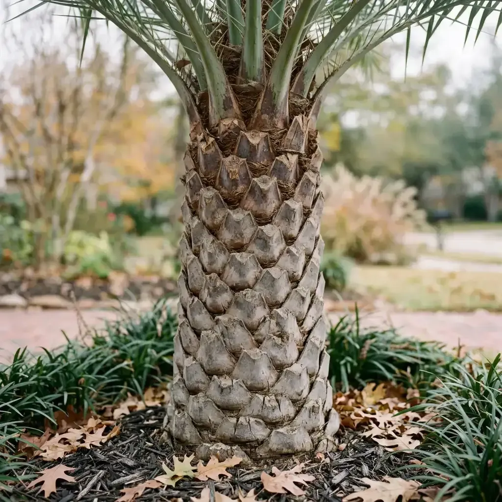 Palm tree trunk with green fronds, surrounded by fallen autumn leaves in a landscaped garden
