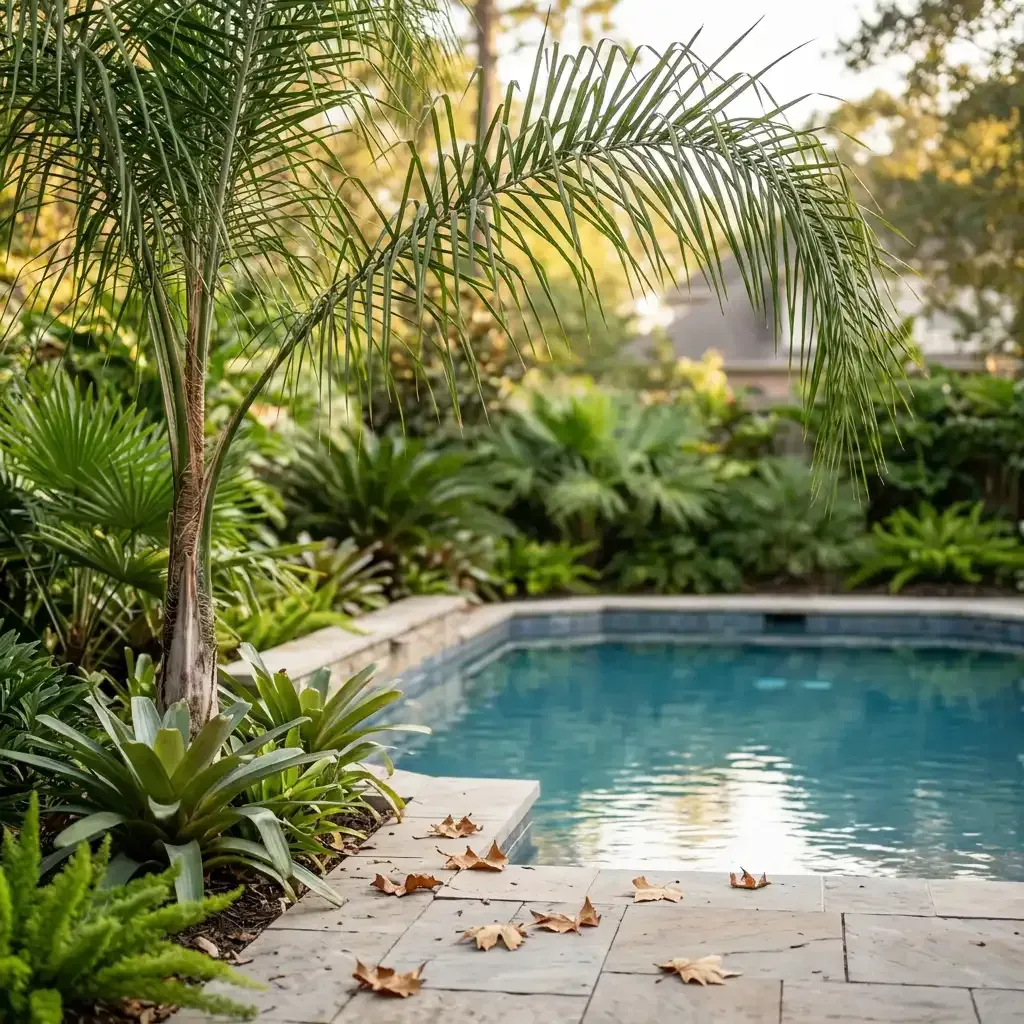 Tropical backyard pool with palm trees, lush greenery, and fallen leaves on the patio.