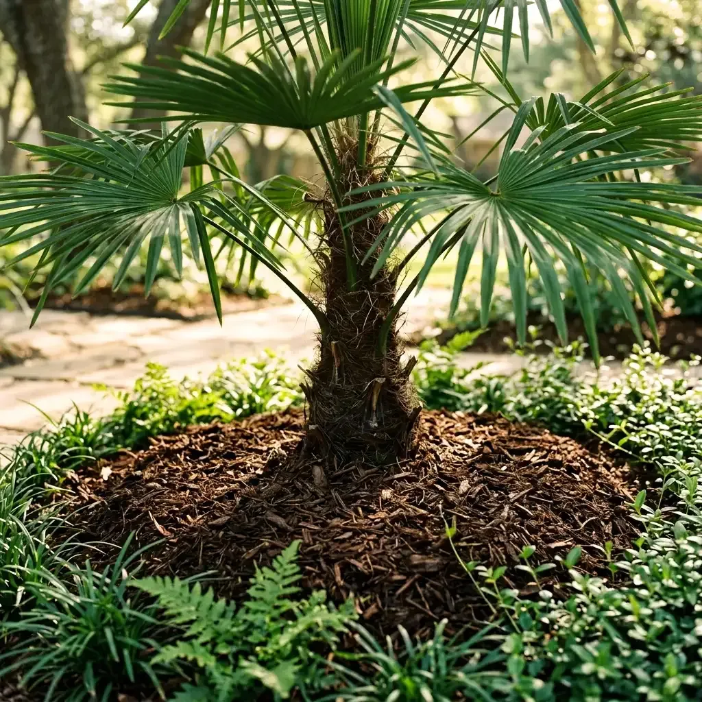 Young palm tree in a landscaped garden, surrounded by mulch and green ground cover plants