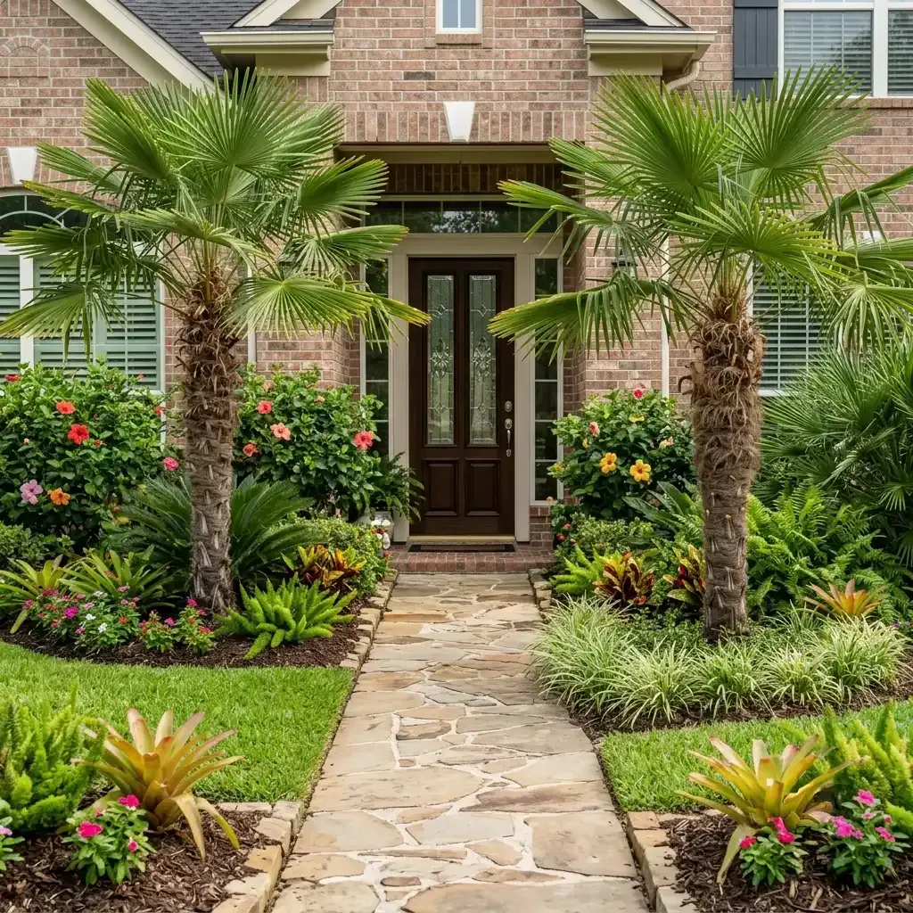 Landscaped front entry with palm trees, brick house facade, and stone walkway to a dark wood door