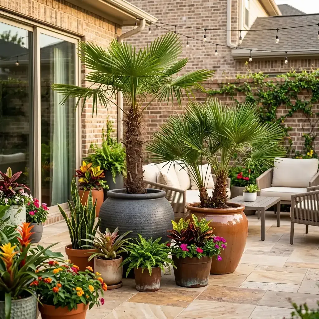 Patio with potted tropical plants, flowers, and outdoor seating beside a brick house