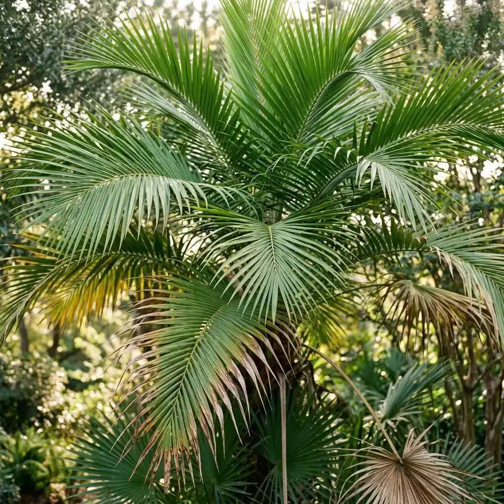 Lush green palm-like tropical plant with feathery fronds in a garden setting