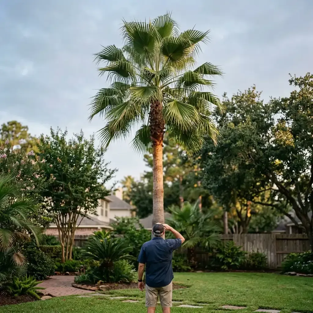 A person stands in a backyard, photographing a tall palm tree under a cloudy sky.