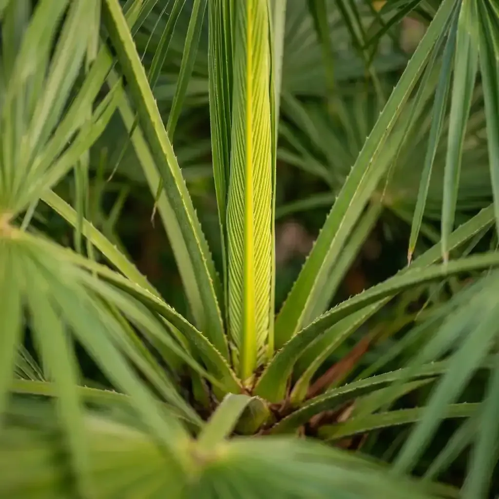 Close-up of green palm leaves with a yellow central frond