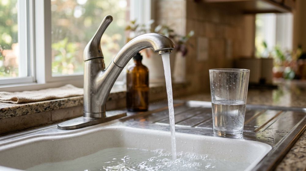 Kitchen faucet running clear water in an Ohio Valley home with faint mineral scale on the fixture.