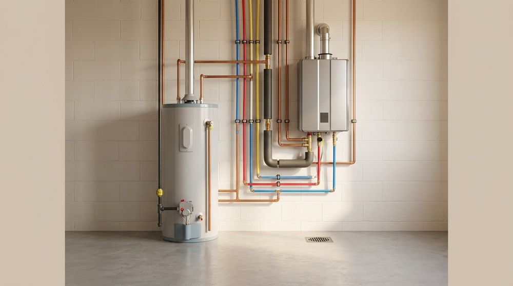 Natural gas storage-tank and tankless water heaters installed side by side in an Ohio Valley home utility room