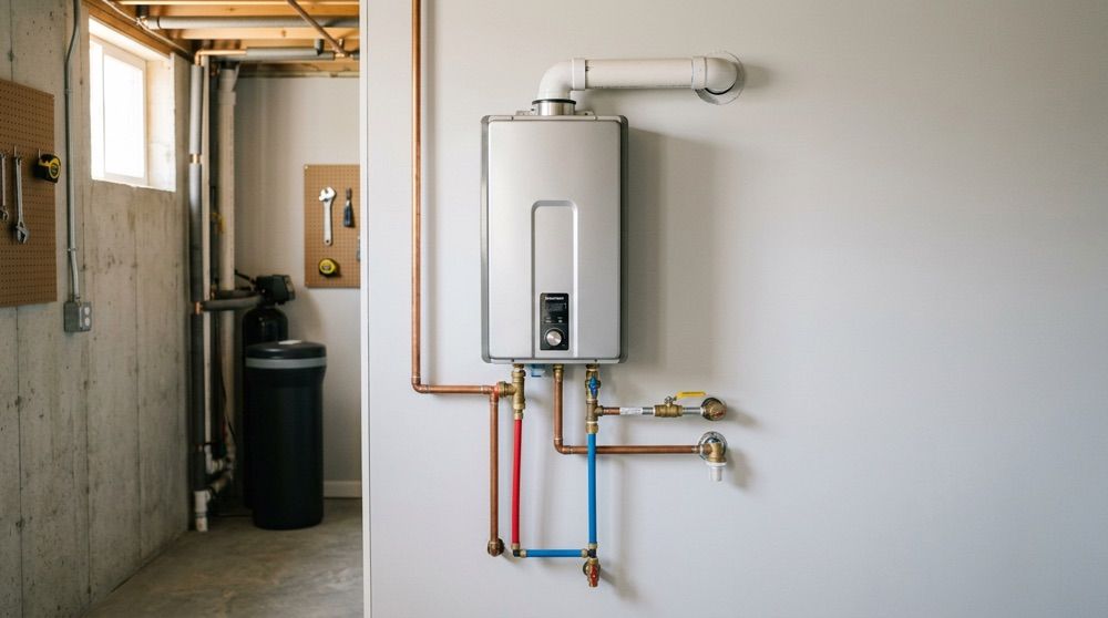 Wall-mounted tankless water heater in an Ohio Valley basement delivering on-demand hot water for a home