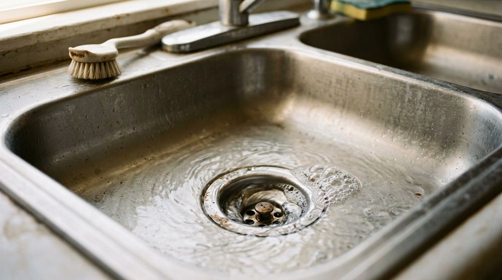 Kitchen sink draining slowly in an older Ohio Valley home, showing it may be time to call a plumber.