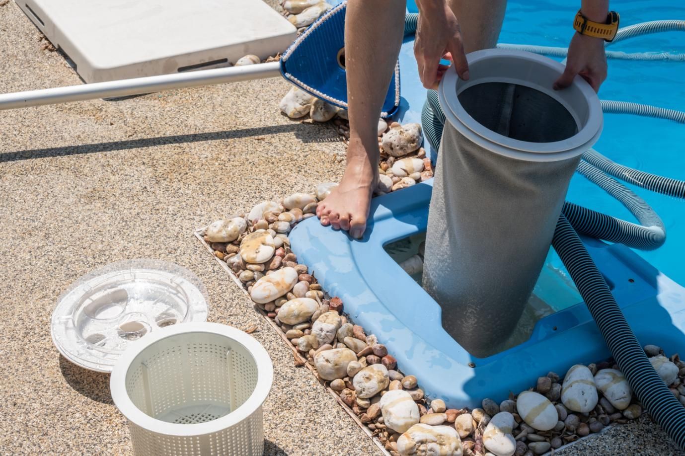 Person removing a filter from a pool skimmer. Blue pool water, concrete, and pebbles are visible.