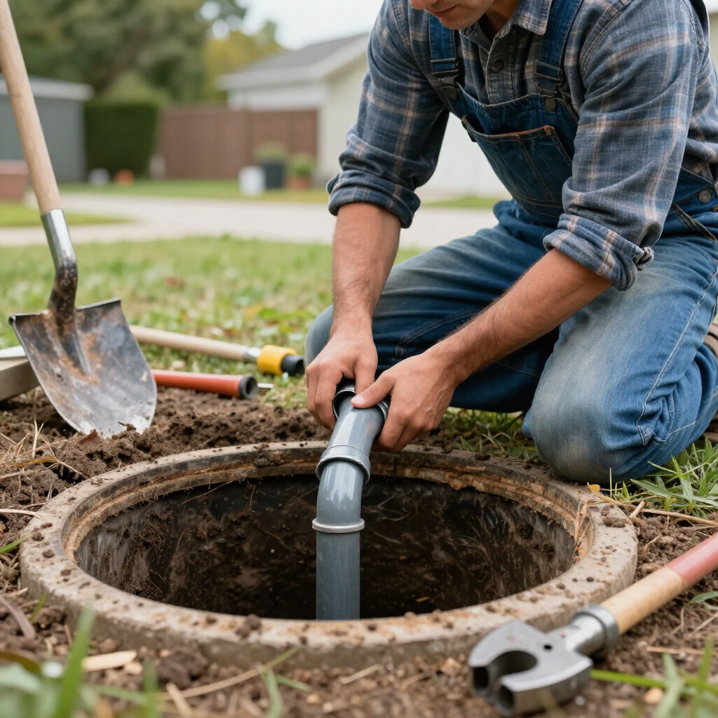 Worker fitting a gray pipe into a circular utility hole beside a shovel and wrench in a yard