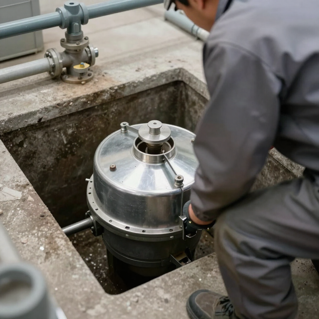 Worker inspecting a large metal pump in a concrete pit with overhead pipes