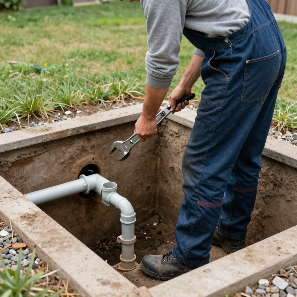 Worker tightening plumbing in a dug-out pit beside a concrete slab, with exposed pipes and wrench