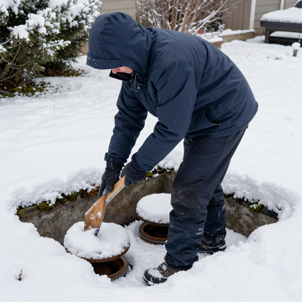 Person in a dark winter coat clearing snow from outdoor utility covers.