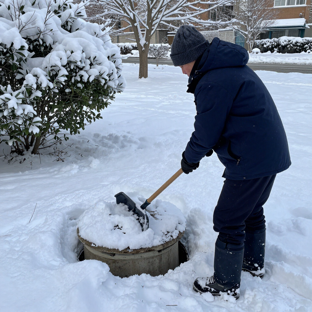 Person shoveling snow from a circular utility cover in a snowy yard