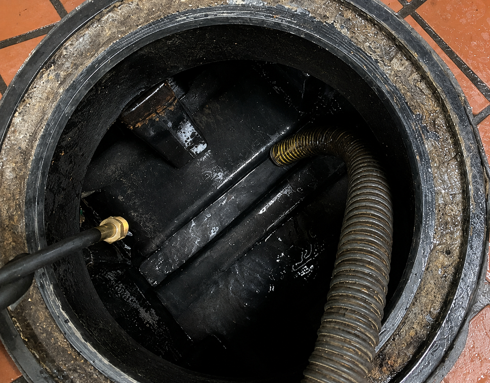 Open manhole with black pipes and a flexible hose inside on a brick pavement
